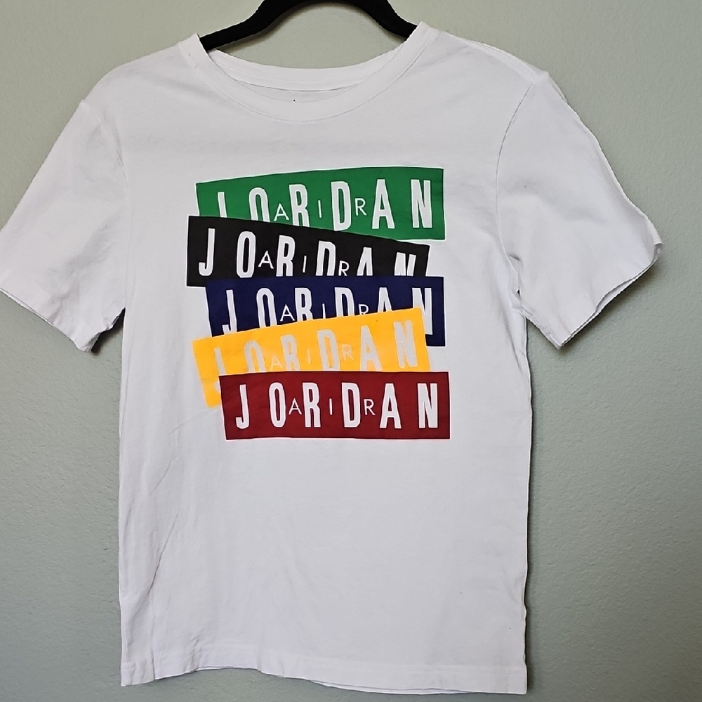Jordan Kids' White Short Sleeve Tee with Colorful Logo Blocks Large